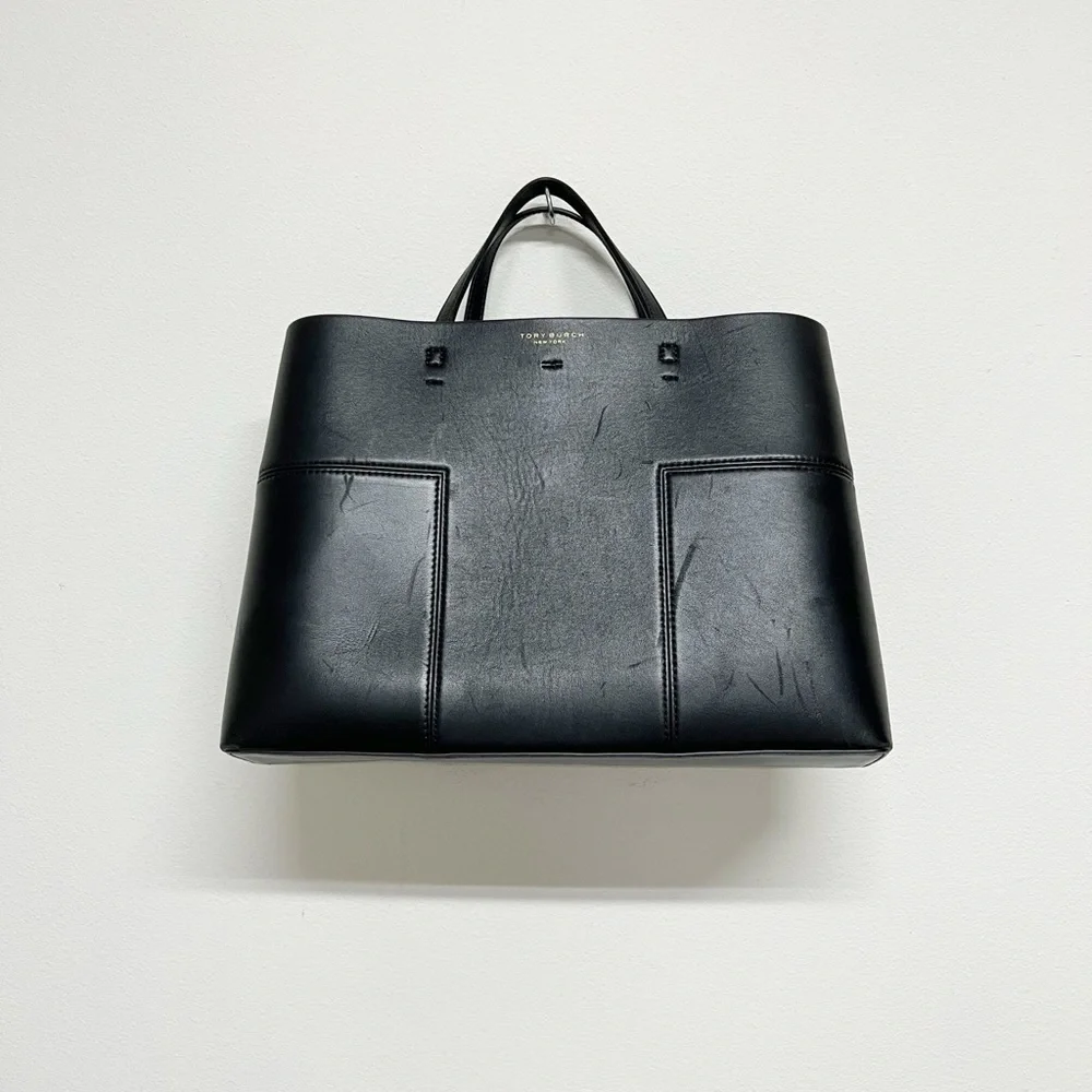 Tory Burch New York Womens Black Leather Structured Large Block T Tote